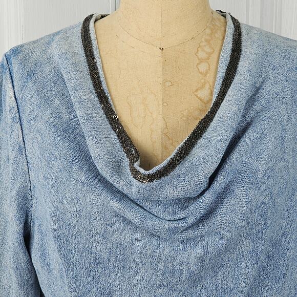 Blue Willis cowl neck knit 3/4 sleeve sweater beaded neckline Small VGUC - Picture 2 of 11